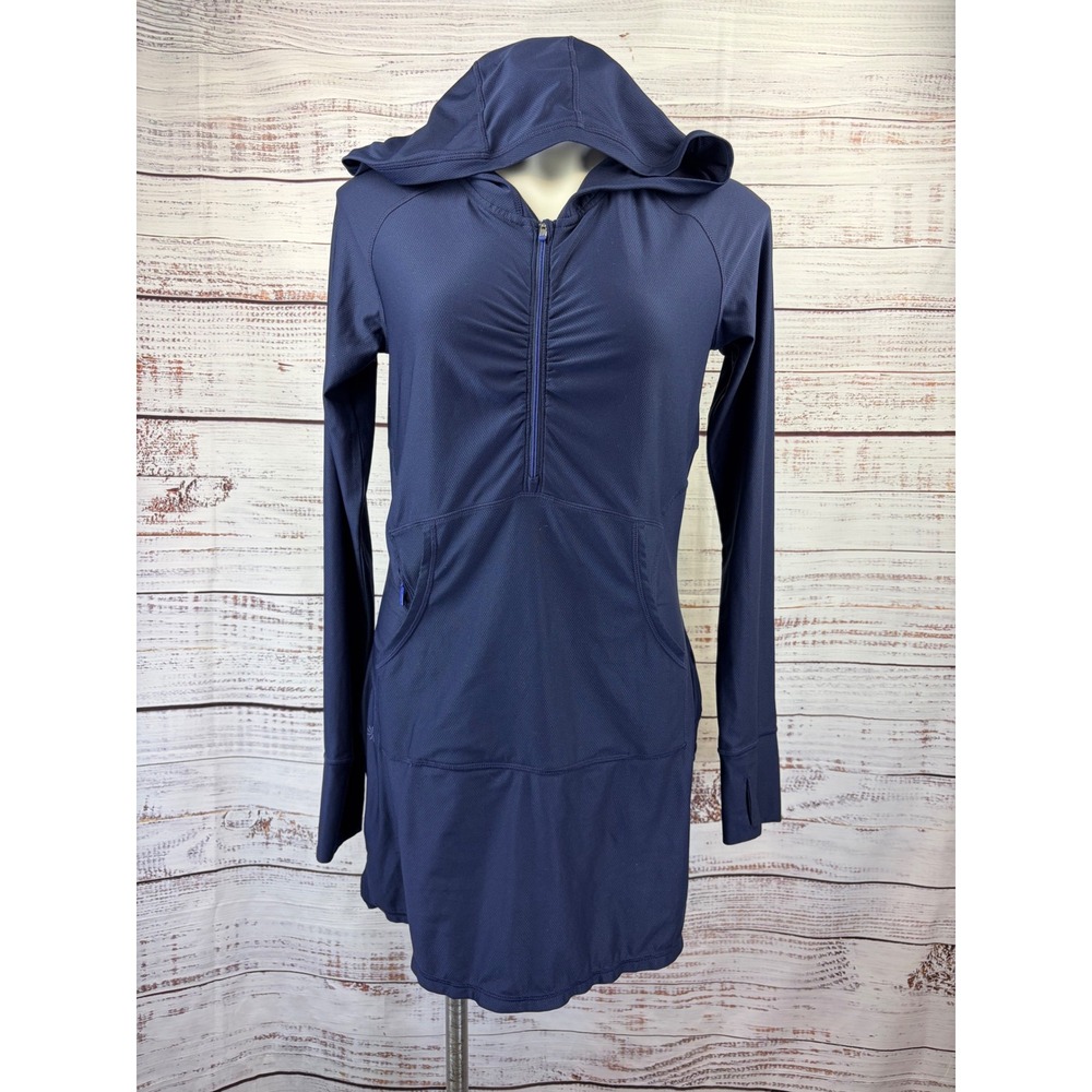 Athleta Pacifica Pleated Dress Zip Front Thumbholes sun protection Small navy